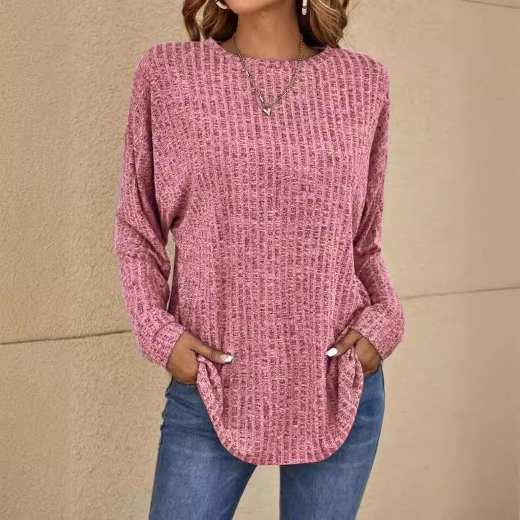 Fall New Ribbed Crew Neck Loose Long Sleeve Knit Top T-shirt for Women European American Style