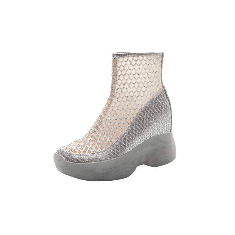 Damskor 2025 Sommar Andningsbara Nätgömda Klackstövlar med Tjock Gelésula