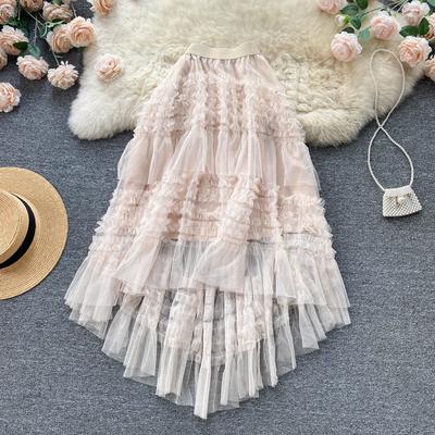 Ruffled Fairy Temperament Skirt Spring And Summer Thin And Long Section High Waist A-Shaped Mesh Irregular Cake Skirt