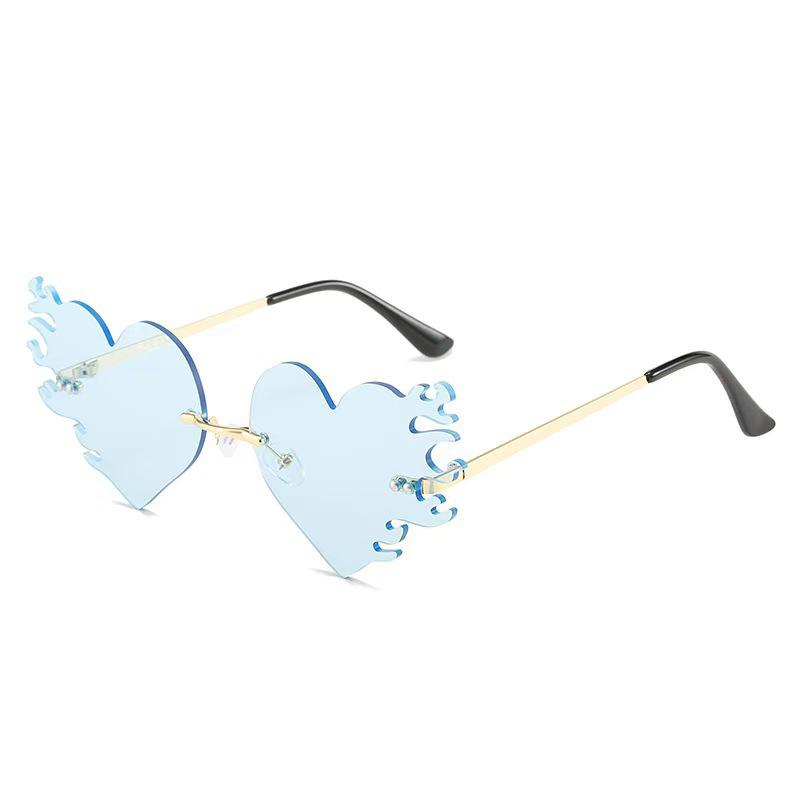 Nye Rammeløse Hjerte Solbriller Metallramme Kvinner Menn Shades Flamme Solbriller for Kvinnelig Mannlig Fest Reise Oculos Solbriller