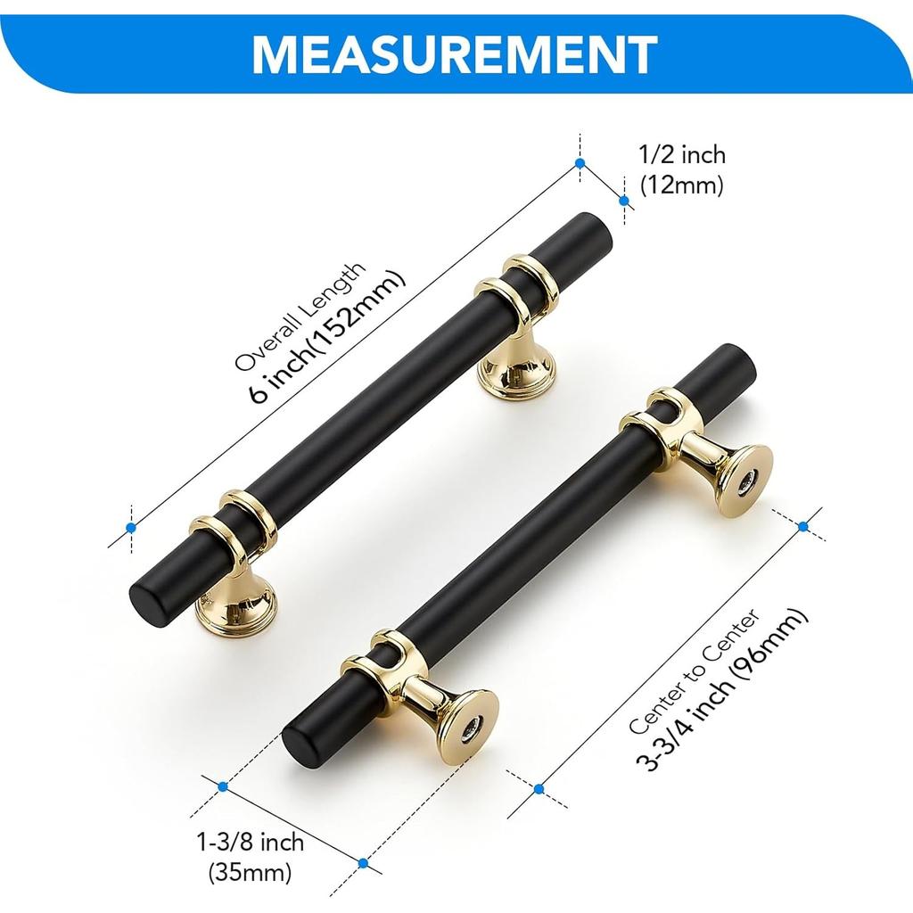 6pack Matte Black Brushed Brass T Bar Cabinet Pulls,Modern Drawer Handles Decorative Hardware for Cabinets Dressers
