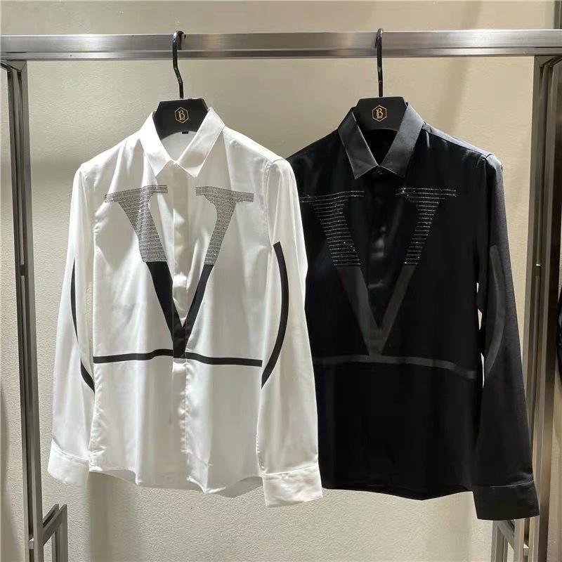 Spring Autumn Long Sleeve Diamonds Print Shirt Hombre Casual Letter Fashion Bottoming Blouse Men All-match Y2K Top Male Clothes