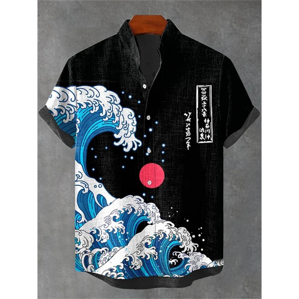 Camicia da Uomo a Maniche Corte con Stampa Ondulata, Design alla Moda, Top Estivo da Uomo, Camicia Hawaiana Casual Trendy per le Vacanze