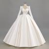 2026 Satin Vintage V-Neck Long Sleeve Wedding Gown with Train – Haute Couture Niche Style
