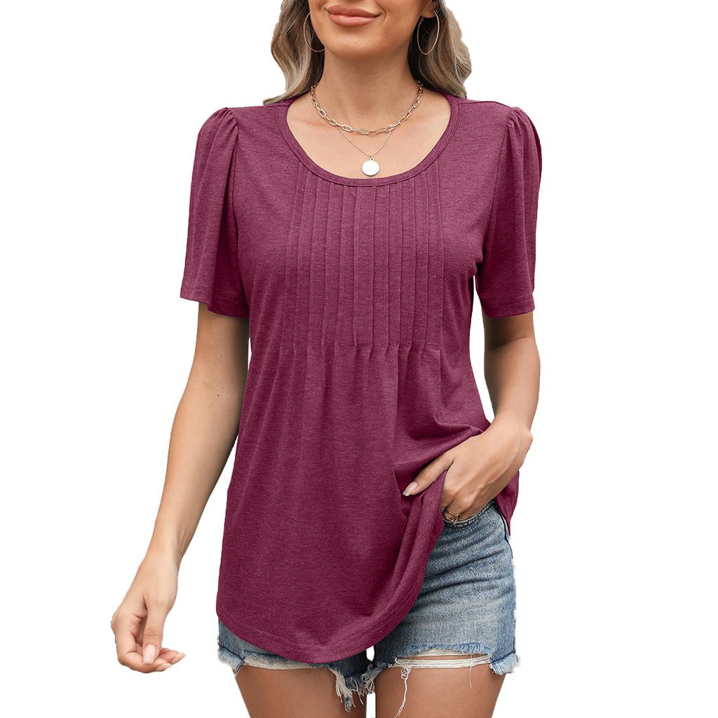 Women's Round Neck Short Sleeve Pleated Loose Fit Leaf Floral Print T Shirt Casual Daily Tunic Top