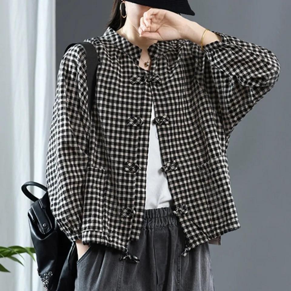 Women's Spring Vintage Buttoned Plaid Cardigan Drawstring Pattern Top