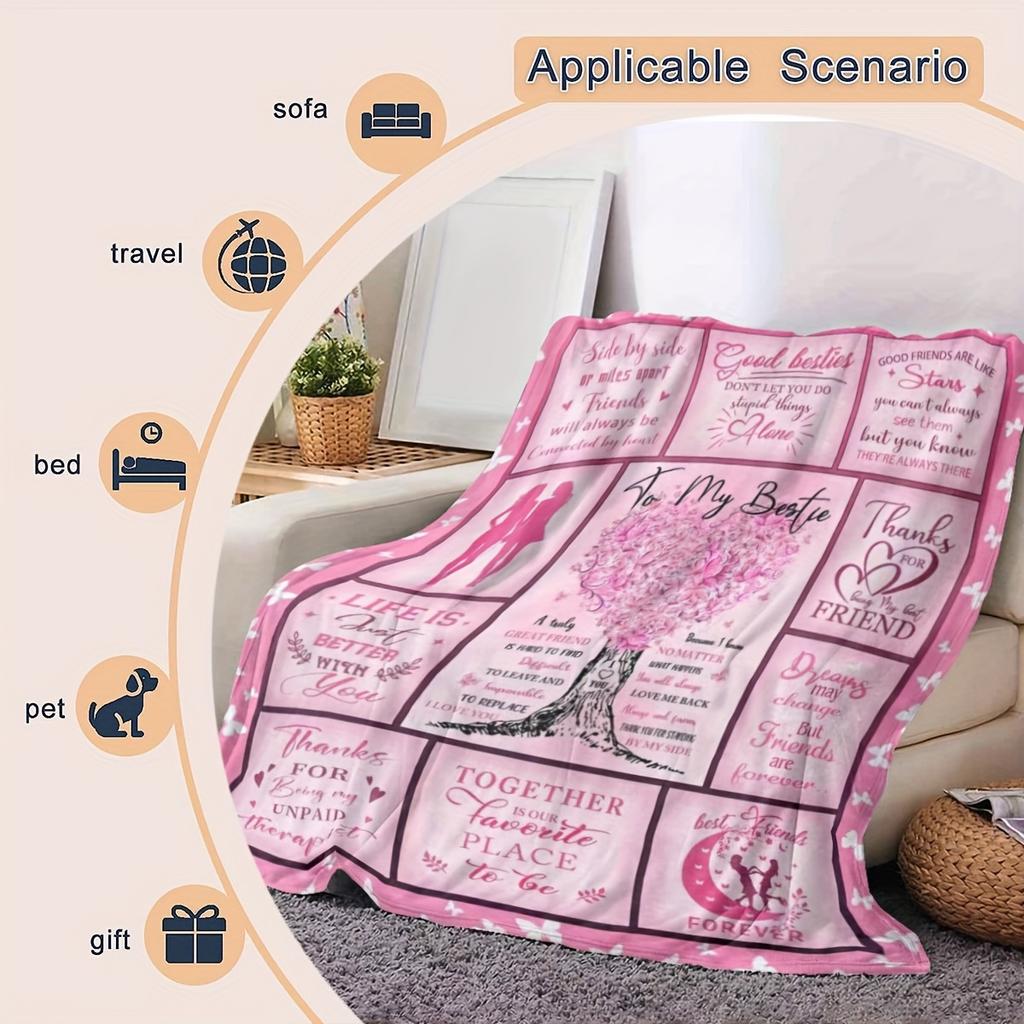 Bestie Appreciation Flannel Throw Blanket - Contemporary Pink Friendship and Occasion Themed Print, All-Season Comfort Knit