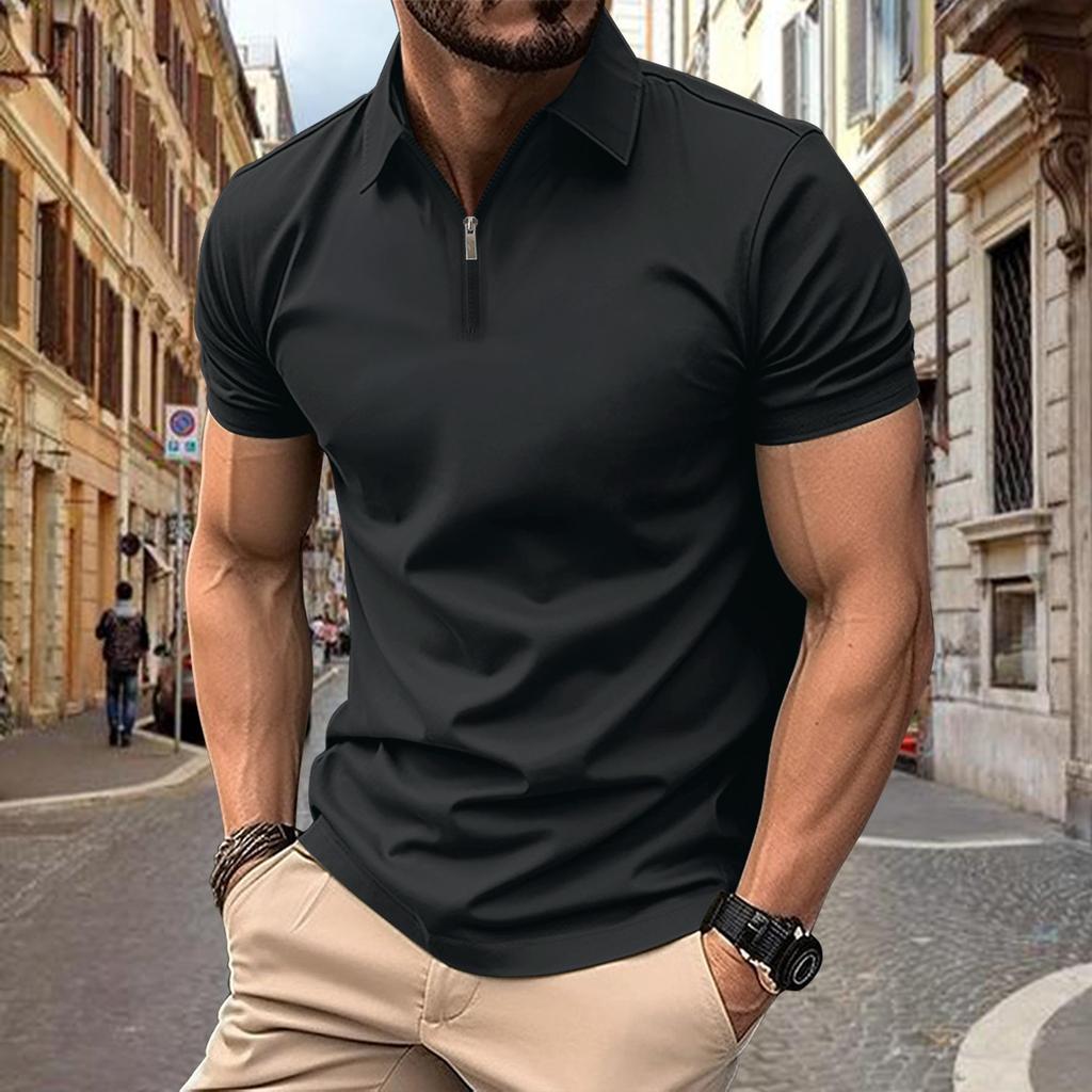 Herren Poloshirt Lässig Mode Einfarbig Mikrogerippt mit Reißverschluss Kragenoberteil Poloshirt Herren T-Shirt