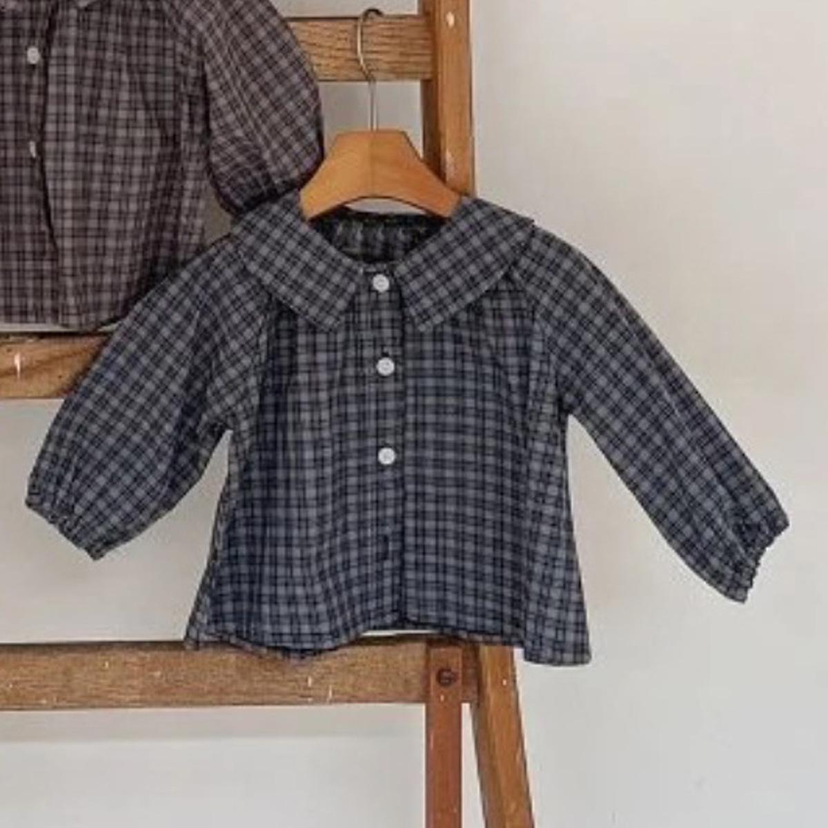 Kid s Retro Plaid Lapel Shirt, 2026 Spring/Summer Unisex Pure Cotton Casual Top 73cm