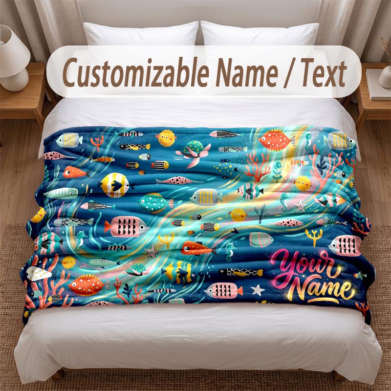 Fish Ocean Theme Soft Blanket Personalized Custom Name Text Print Warm Blanket Home Sofa Bedroom Decor