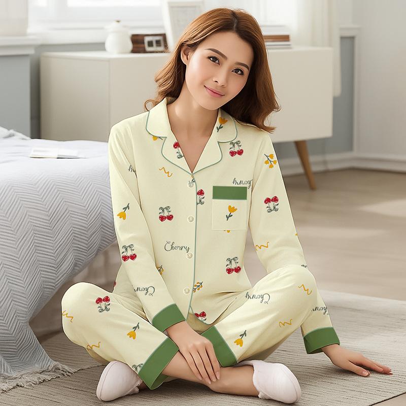 Baumwollimitat Pyjama Damen Frühling und Herbst Damen Mutter Herbst Übergröße Loungewear Langarm Hosen Set