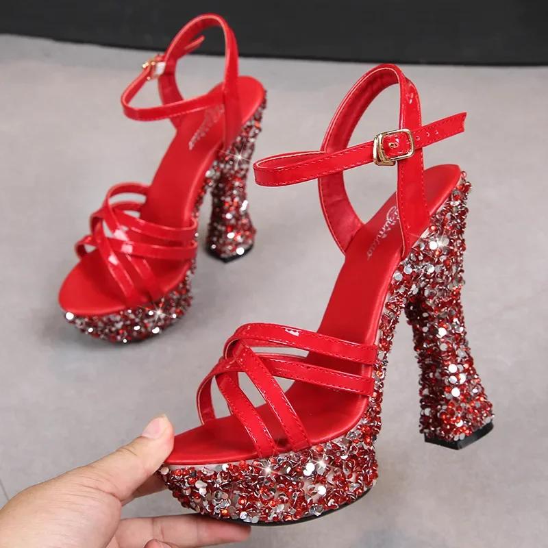 Fashion Women Sandals Sequin Rhinestone Peep Toe Sandals Woman Shoes High Heels Sexy Nightclub Party Platform Heels Size 43 Womens Shoes