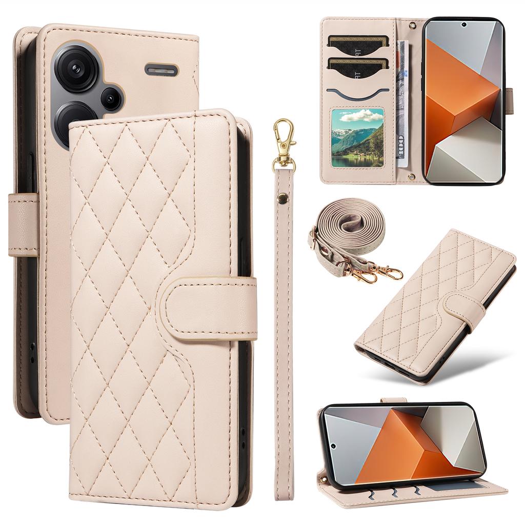 For Xiaomi Redmi Note 13 Pro+ 5G Case Wallet Rhombus Leather Phone Cover with Shoulder Strap,Wrist Strap