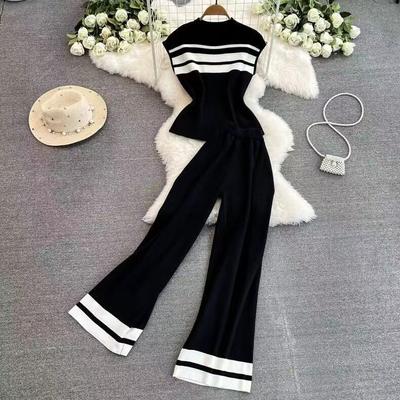 Autumn Women Striped Suits O Neck Long Sleeves Warm Top+Elastic Long Pants Casual Loose Sweater Two Pieces Sets