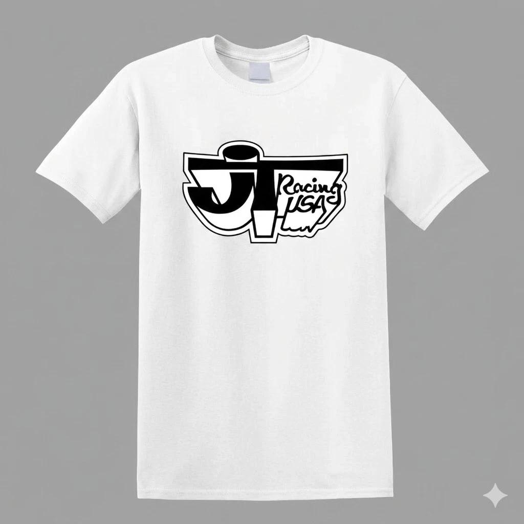 JT Racing USA Men s T-Shirt White Cotton Tee Black Logo Graphic Freeships XL