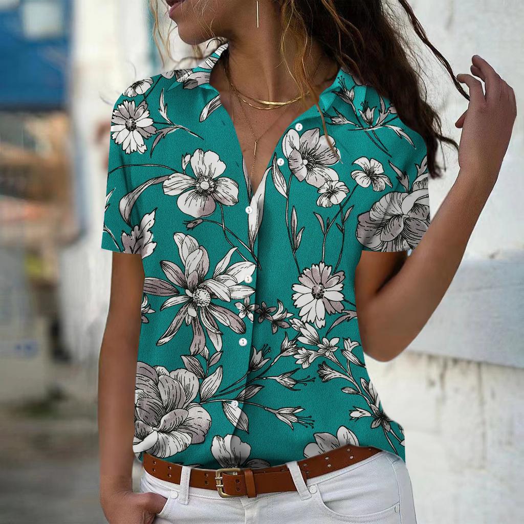 2025 Summer New Fashion Women's Flower Printed Short Sleeve V-neck Casual Button-down Shirt Top