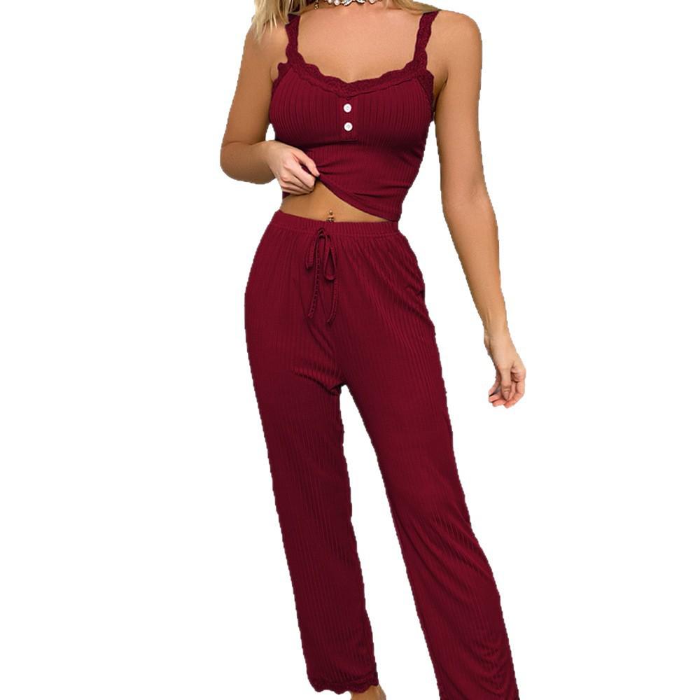Women's Summer Lace Trim Spaghetti Strap Pajama Set – Two-Piece, Long Pants, Sexy Casual Home Wear