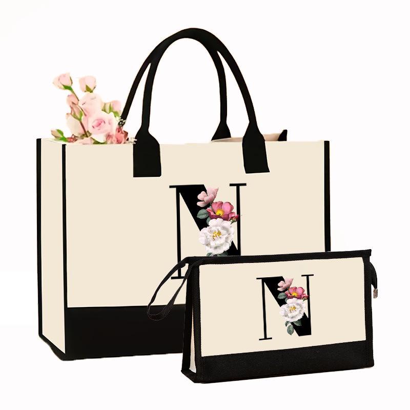 Canvas Shoulder Bag Makeup Set with Color Block Print & Portable Zipper Clutch