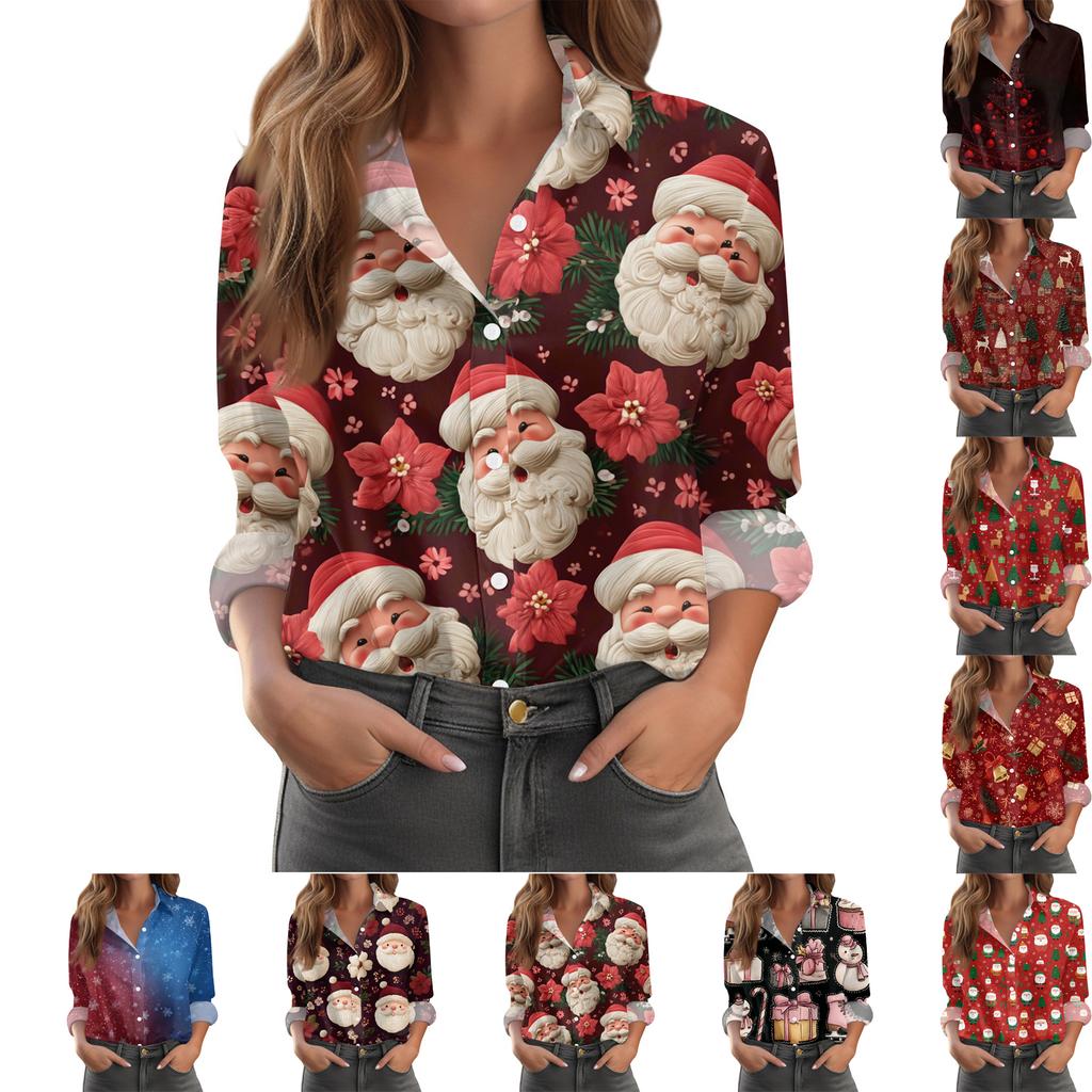 Dame juleskjorte med trykk, avslappet passform, halvåpen krage, lange ermer