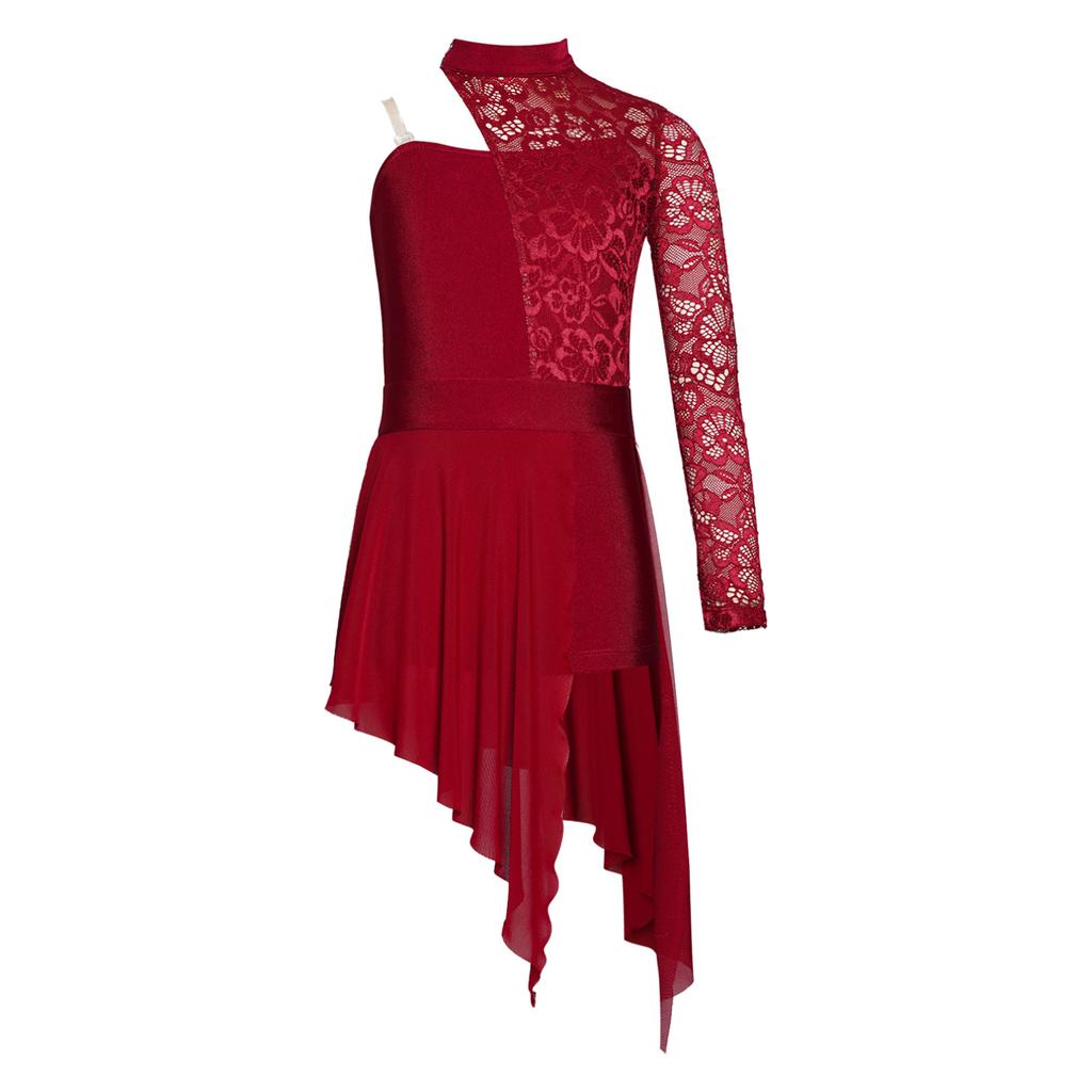 Vestido de dança lírica para meninas, vestido único de manga comprida com bainha assimétrica, malha de ginástica