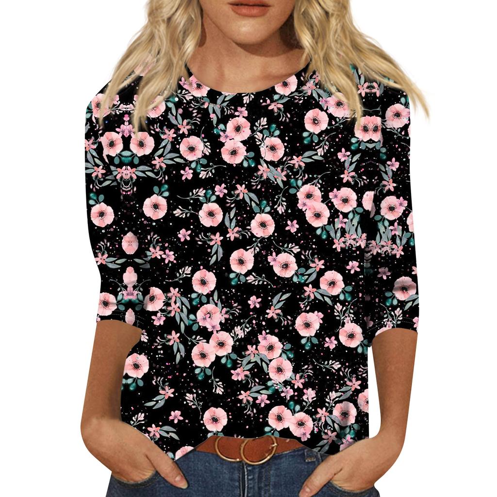 Women's Fashion Casual Round Neck 3/4 Sleeve Loose  Printed T-Shirt Ladies Top