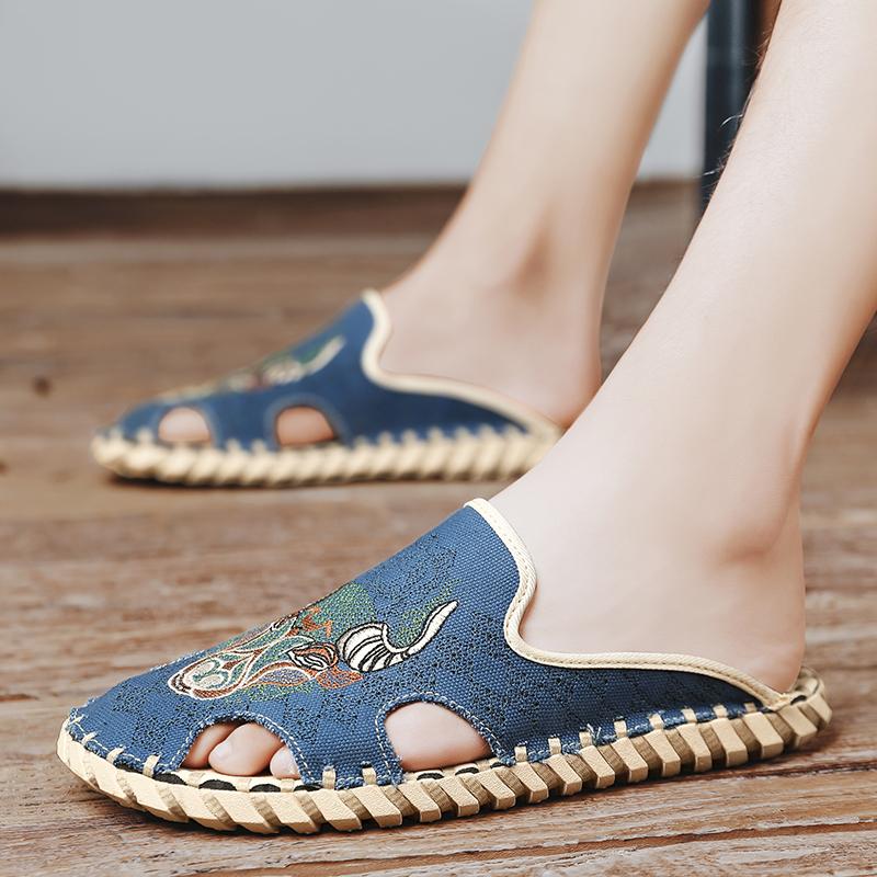 Fashion Men Canvas Embroidered Close Toe Slippers Handmade Mens Embroidery Summer Flat Shoes Comfortable Denim Shoes for Man