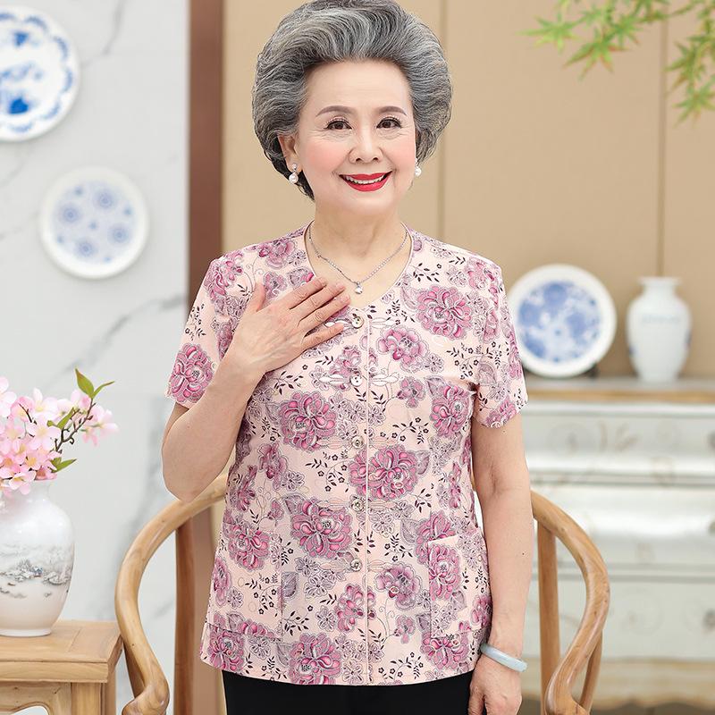 Elderly Women s Floral Print Short Sleeve Blouse V-Neck Button-Down Shirt Lightweight and Breathable Fabric XL