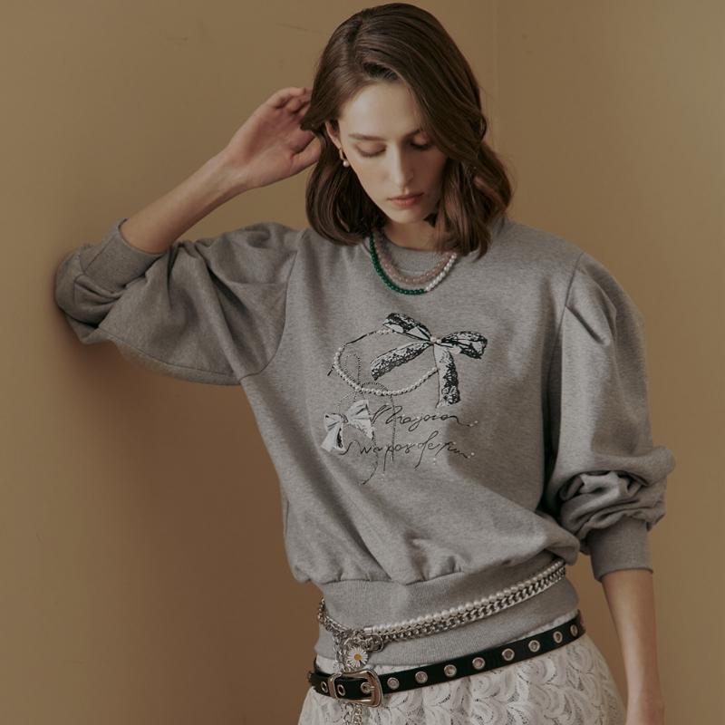 Maxza Pearl Ribbon Beads Puff Sleeve Sweatshirt Ze05qt401na