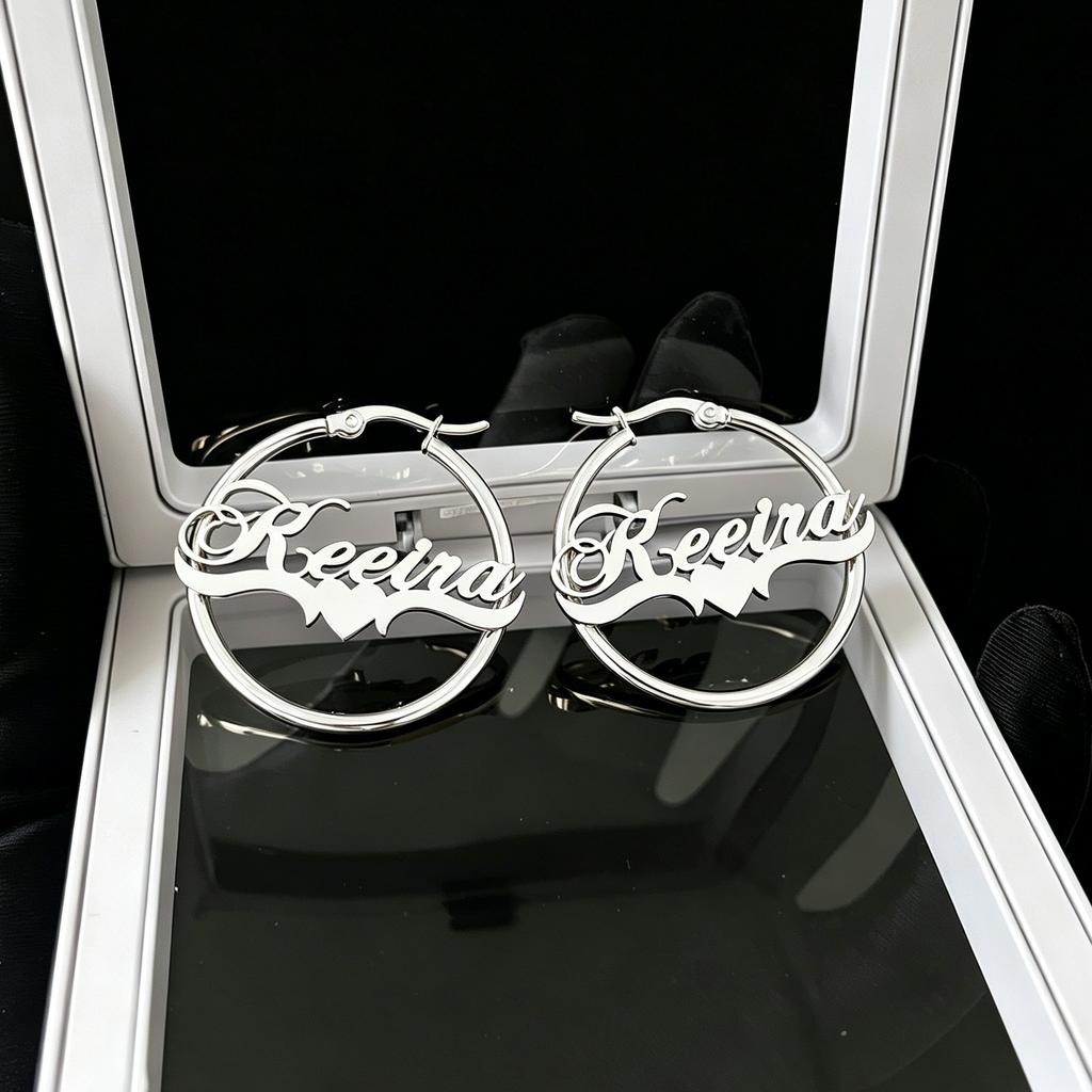 Stainless Steel Custom Personalized Name Hoop Earrings 18K Gold Plated Large Nameplate Jewelry for Women Girls Moms Gifts
