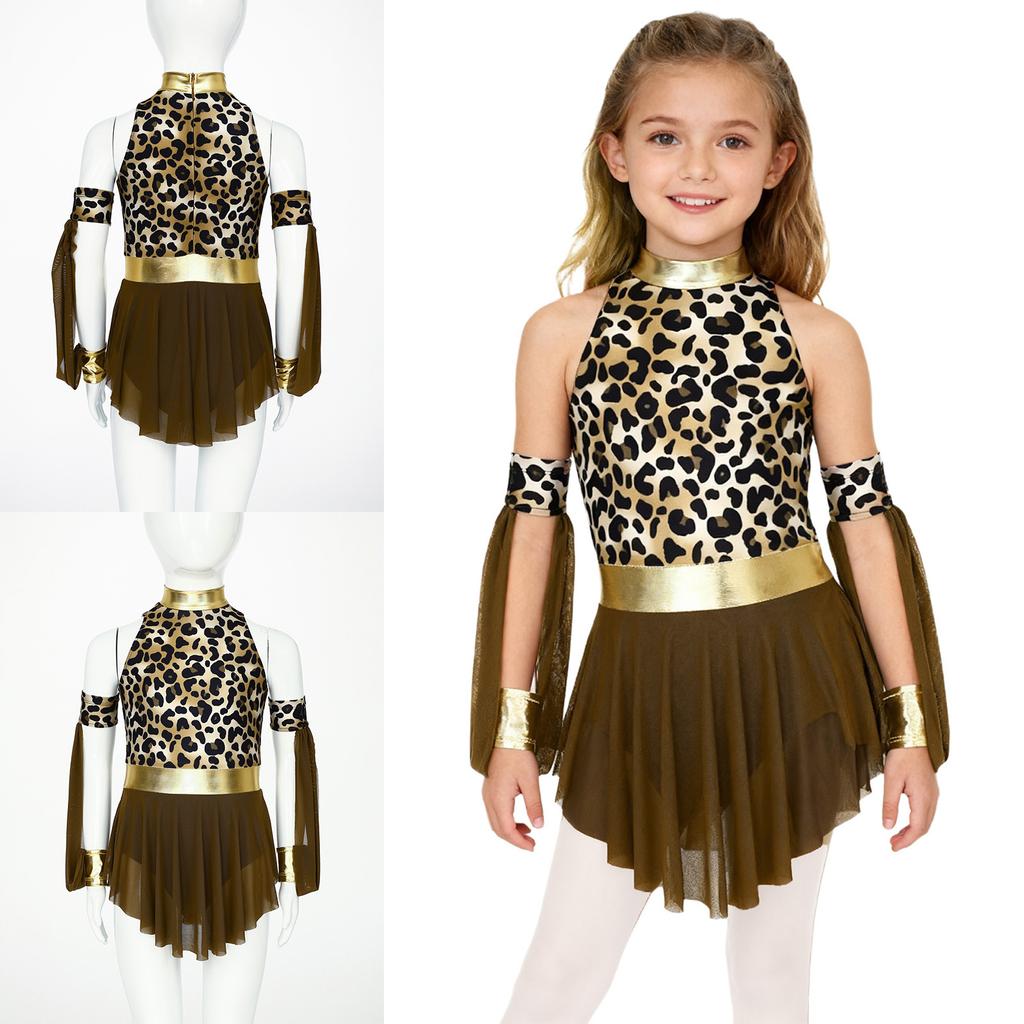 Girls Leopard Print Cave Dress Mock Neck Sleeveless Back Invisible Zipper Built-in Briefs with Oversleeves Costume
