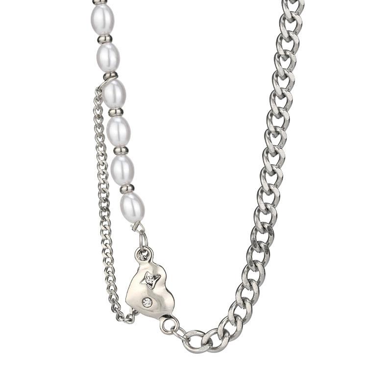 Elegant Titanium Steel Heart Pearl Necklace Unique Design Layered Choker For Women