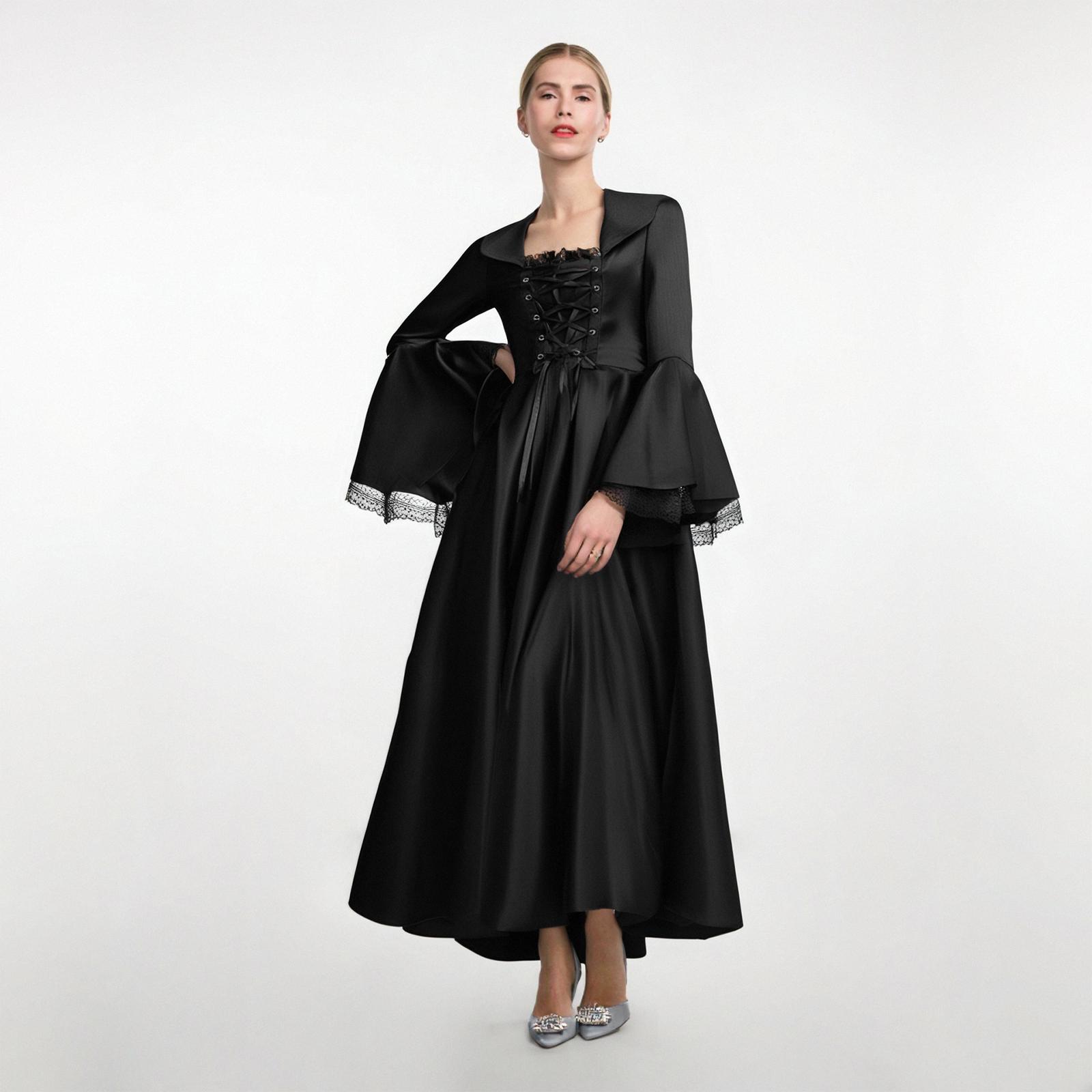 

Женское ретро готическое платье Европейское ретро однотонное платье с рукавами-колокольчиками и завышенной талией L чёрный