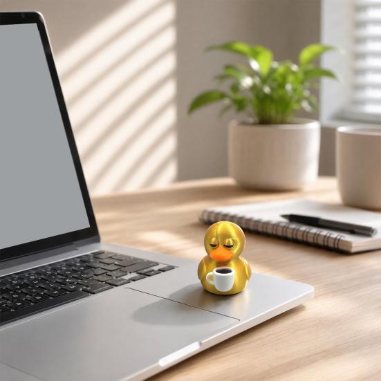 3D Printed Coffee Duck Collectible Figurine, Detailed Gold Duck Holding Coffee Cup Desk Decor for Colleagues And Friends