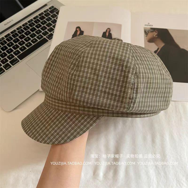 Korean Spring Summer Korean Retro Plaid Cloud Beret Female Literary Niche Big Size Painter Hat Octagonal Hat