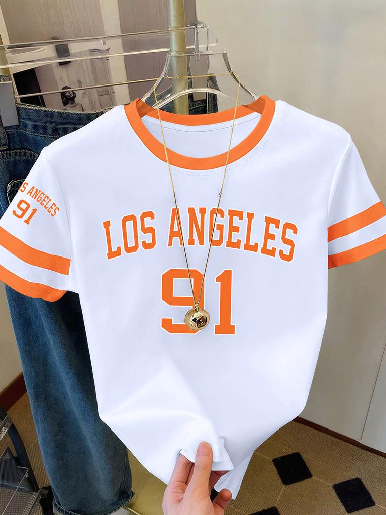 Summer Women's Los Angeles NO.91 Print Round Neck Short Sleeve T-Shirt Summer Graphic Te Jerseys Plus Size Sport T-Shirt Tops