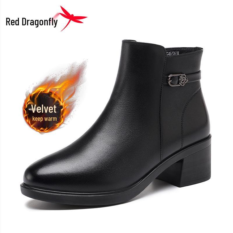 Red Dragonfly Women s Genuine Leather High Heel Mid-Calf Boots with Velvet Lining 38