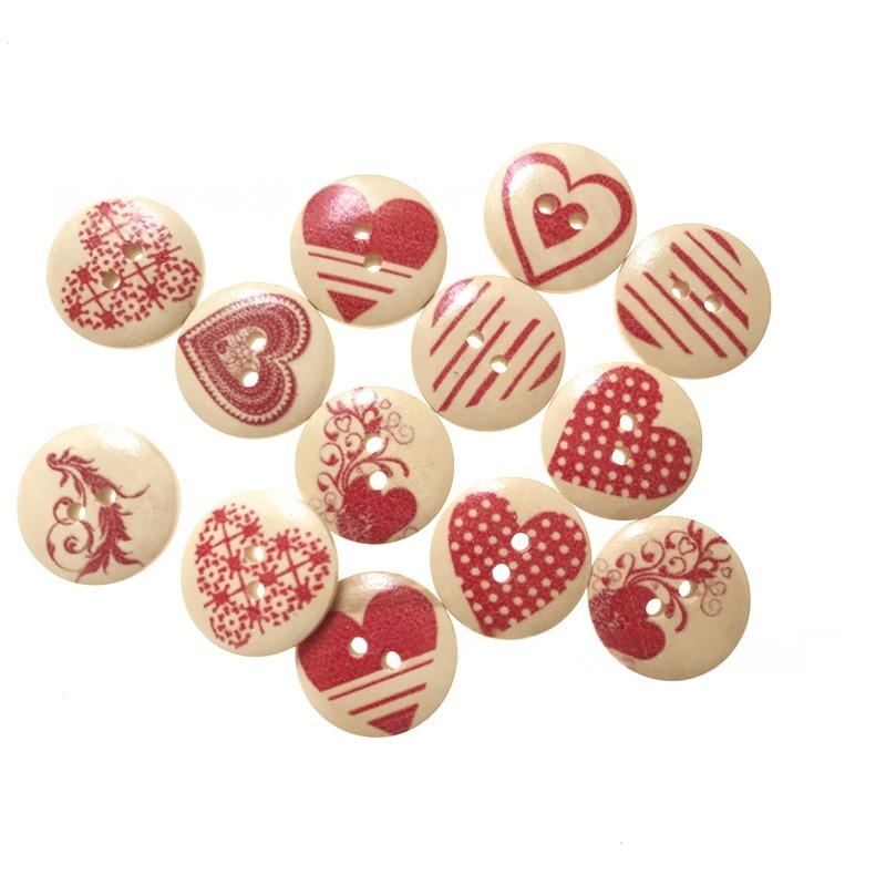100Pcs 15mm Natural Flat Round Printed Wood Buttons 2-Hole Flat Round with Heart Decorative Wooden Buttonsfor DIY Sewing