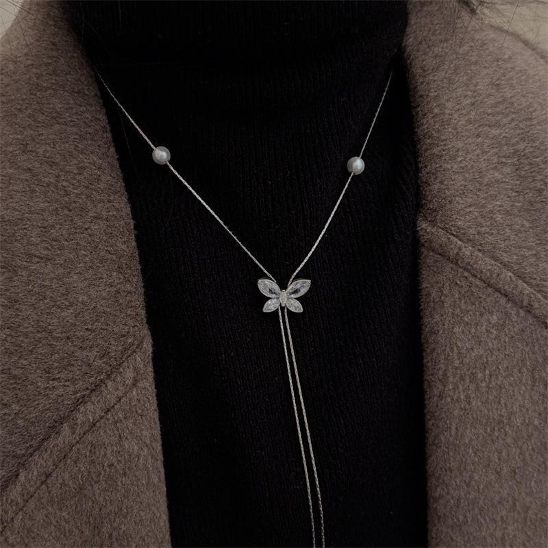 Zircon 2026 Starry Sky Butterfly Pearl Necklace for Women - Light Luxury High-End Choker