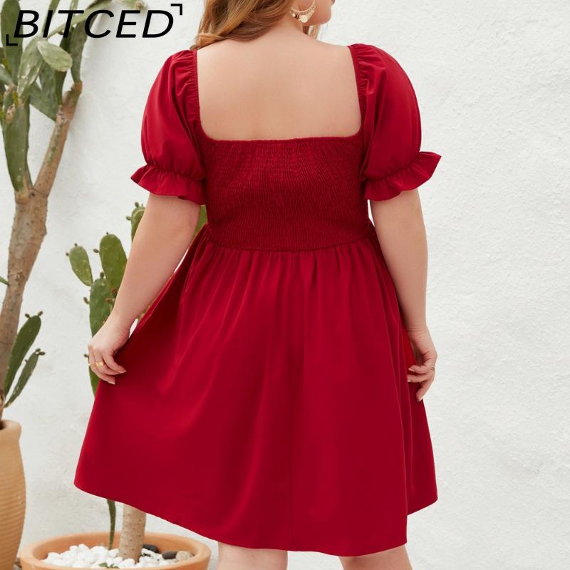 BITCED Plus Size Solid Color Casual Resort Dress Travel Square Neckline Ruffled Puff Sleeve Dress