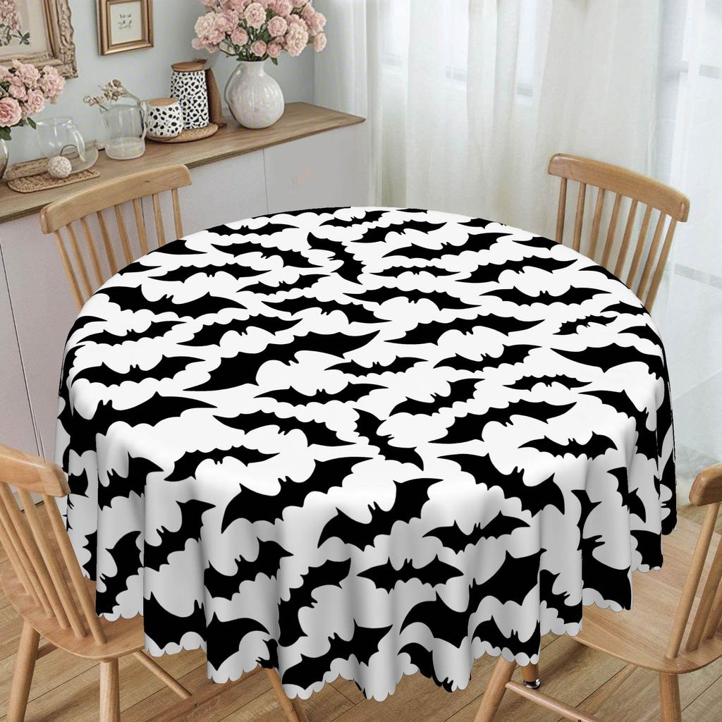 1 Halloween Bat Round Tablecloth, Black And White Tablecloth, For May 5Th, Party Decorating Tablecloth