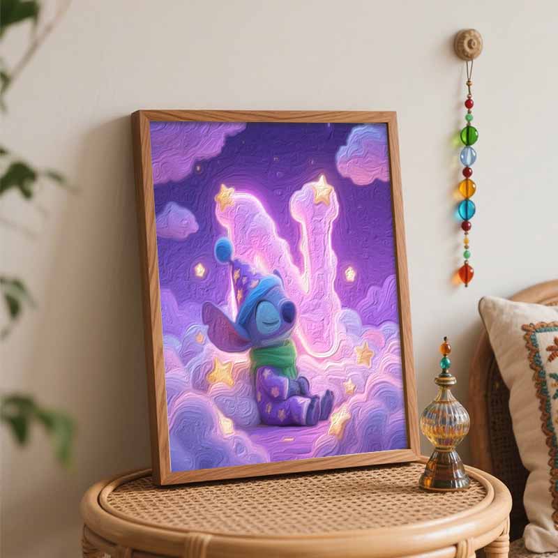 Disney sleeping Stitch oil painting art painting kit, handmade diy art painting home wall decoration, starry purple clouds night decor