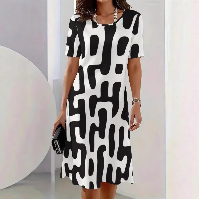 Women s Black White Abstract Print Maxi Dress Casual O Neck Short Sleeve Loose Fit Long Dresses Vacation Office Wear S