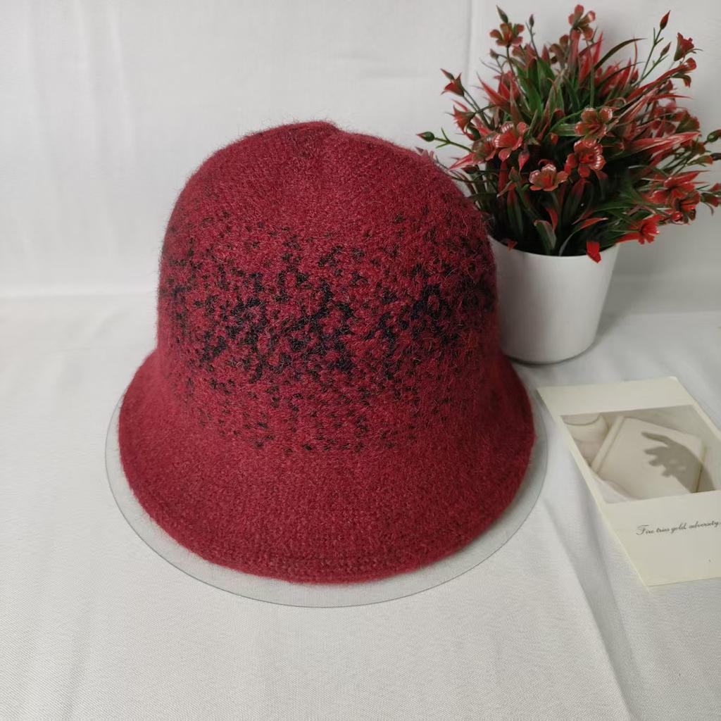 Retro Jacquard Knitted Wool Hat Women's Autumn and Winter Warm Face Bucket Hat Plain Face Small Bucket Hat