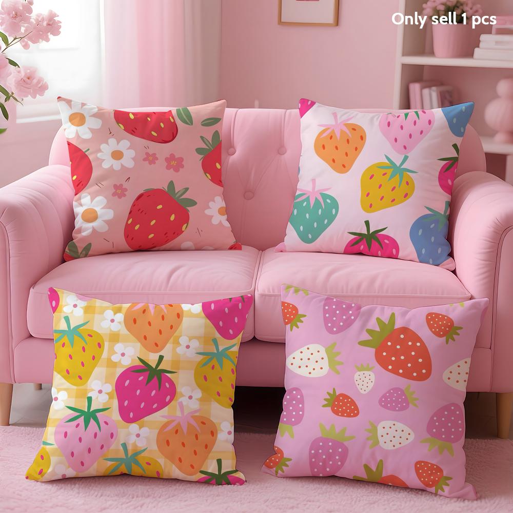Cute Strawberry Cushion Cover Soft Short Plush Double-Sided Printing Home Decor Machine Washable Pillow Case Gift