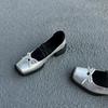 Sheepskin~ Platform Bow Retro High Heels Ballet Shoes Square Head Silver Thick Heel Mary Jane Shoes Women's Single Shoes