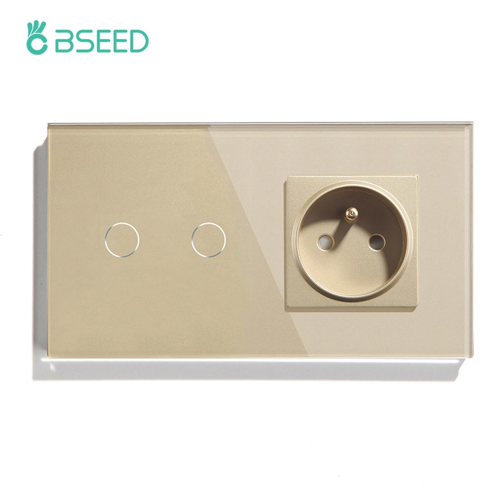 BSEED 1/2/3Gang Touch Light Switches 1Way With French Sockets Type-c USB Wall Power Outlets Glass Panel Blue Backlight Gold
