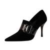 Fashion Women Fashion High Heel Punk Pumps Elegant Wedding Pointed Toe Flock Suede Deep Mouth Belt Buckle Slip On Black Prom Shoes