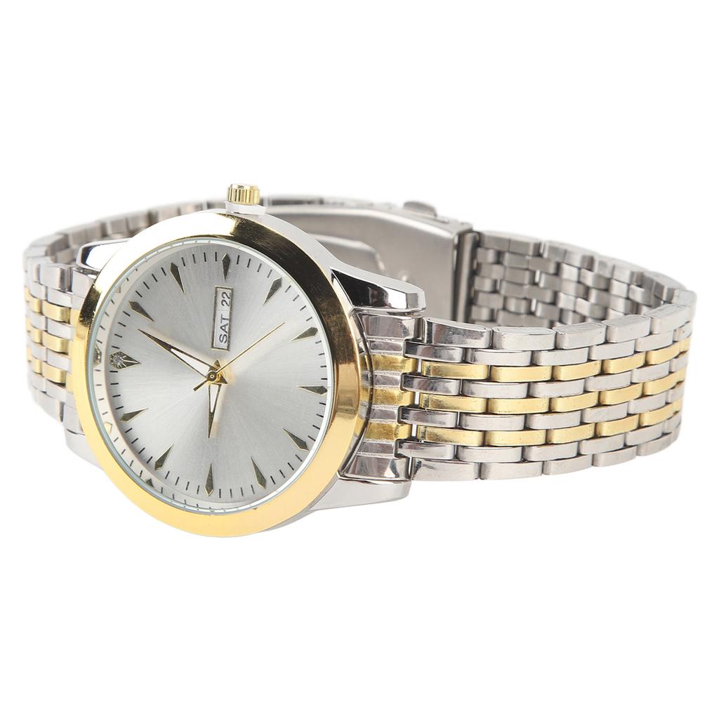 Quartz Men Watch Commercial Dual Date Stylish Classic Quartz Stainless Steel Dress Watch Gold and