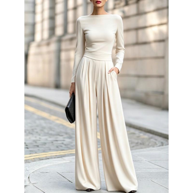 Damen Unifarbener High-Neck Langarm Jumpsuit mit weitem Bein 2026 Herbst Winter Eleganter Lässiger Strick-Overall