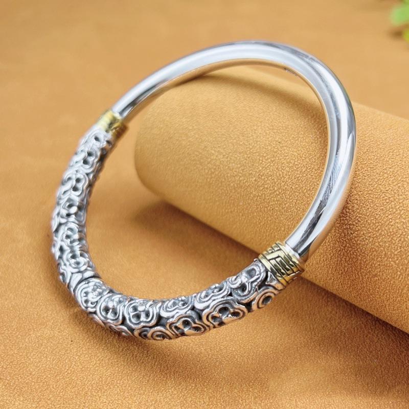 Zuyin 999.9 Vintage Auspicious Cloud Gold Hoop Stick Solid Bracelet, Pure Silver Ethnic Style, Male and Female Personality, Small and Popular Bracelet